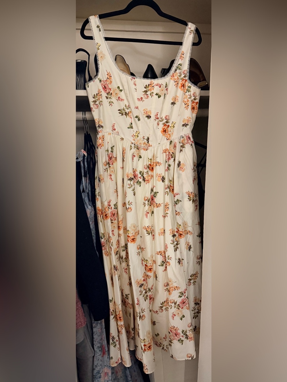 Floral Cream Midi dress with Orange & Pink Blossoms